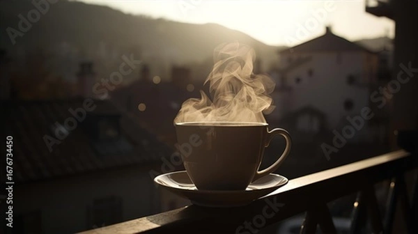 Fototapeta A steaming hot cup of coffee with a rich, dark brown aroma on a table, perfect for a cozy morning breakfast at a cafe