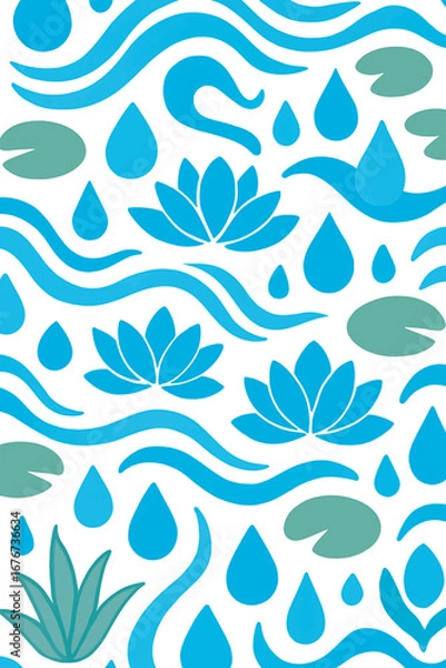 Fototapeta Seamless Nature Pattern with Water Drops, Leaves, and Lotus Flowers