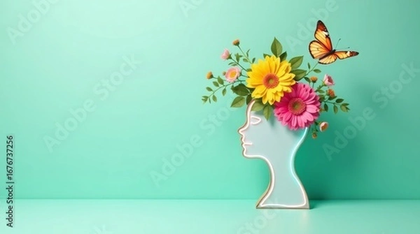 Obraz Abstract profile with blooming flowers and butterfly head silhouette