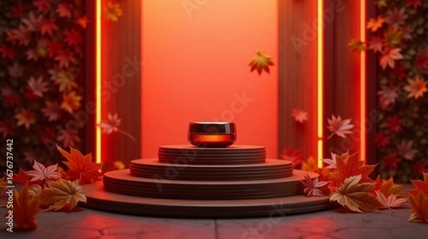 Obraz Autumnal product display with glowing jar and falling leaves maple