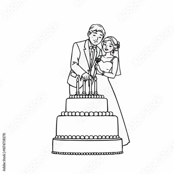 Fototapeta Bride and groom cutting wedding cake in simple line art style  