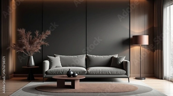 Obraz Elegant living room with grey sofa and decorative vase coffee table floor lamp