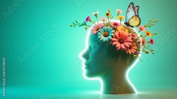 Obraz Glowing Head Silhouette Adorned With Colorful Flowers And Butterfly neon glow