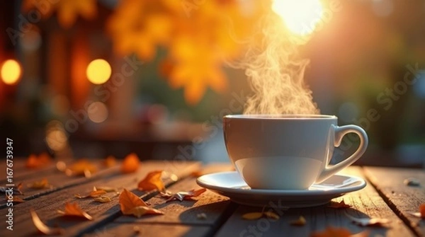 Obraz Hot beverage in white cup with steam rising on wooden table with autumn leaves image