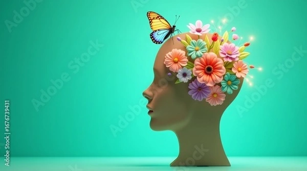 Obraz Human head profile with colorful flowers and butterfly image