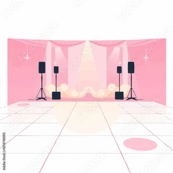 Fototapeta Stage setup with pink backdrop, sound speakers, and lighting  