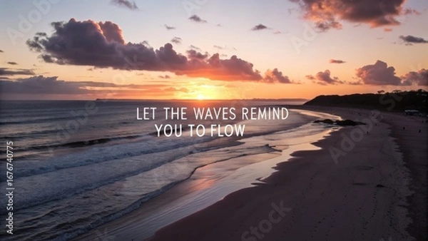 Obraz Stunning sunset over serene beach with inspirational quote highlighting natures flow