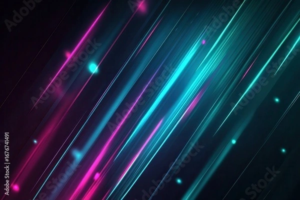 Fototapeta Futuristic neon cyan and magenta streaks creating dynamic diagonal glowing motion on dark digital background