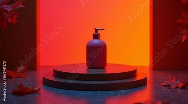 Obraz Reddish purple bottle on wooden display with autumn leaves pump dispenser