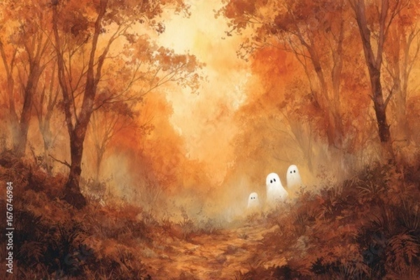 Fototapeta A spooky watercolor painting of a ghost wandering through an eerie autumn forest. The ghostly figure adds a sense of mystery and supernatural element to the serene forest scene.