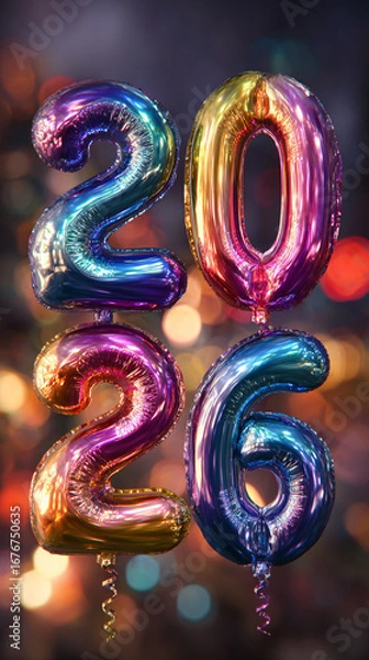 Obraz Happy New Year 2026 banner. Holiday season rainbow colored balloons on confetti bokeh colorful background. Vertical frame for instastory, or reel
