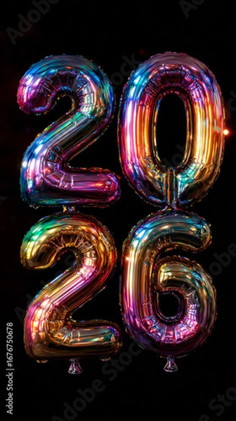 Obraz Happy New Year 2026 banner. Holiday season rainbow colored balloons on dark  background. Vertical frame for instastory, or reel