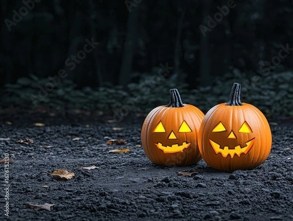 Fototapeta Two Jack-o'-lanterns in a dark forest