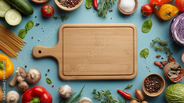 Fototapeta Overhead view of an empty chopping board in the middle of a modern kitchen and many ingredients around it on a blue table