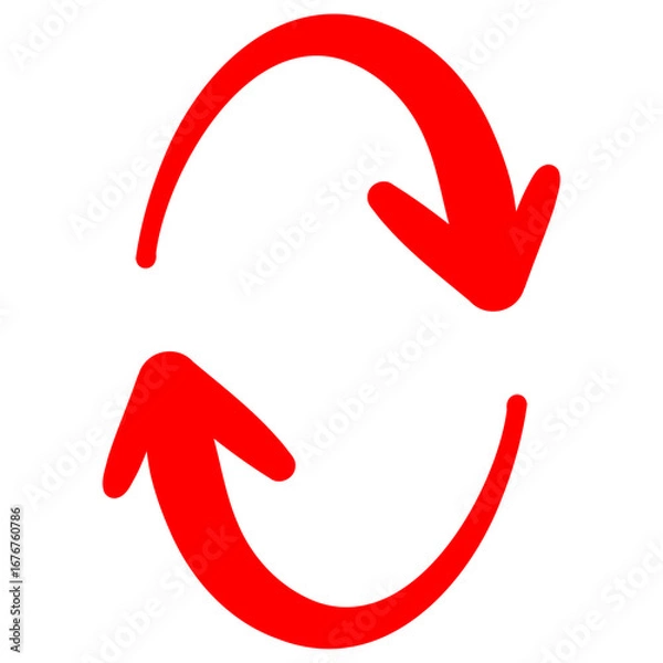 Obraz 手描きのスムーズな赤いペンのくるくる矢印。回転。サイクル。再生。リピート。抑揚のあるダイナミックなシルエット。ベクター。背景透過。縦回転