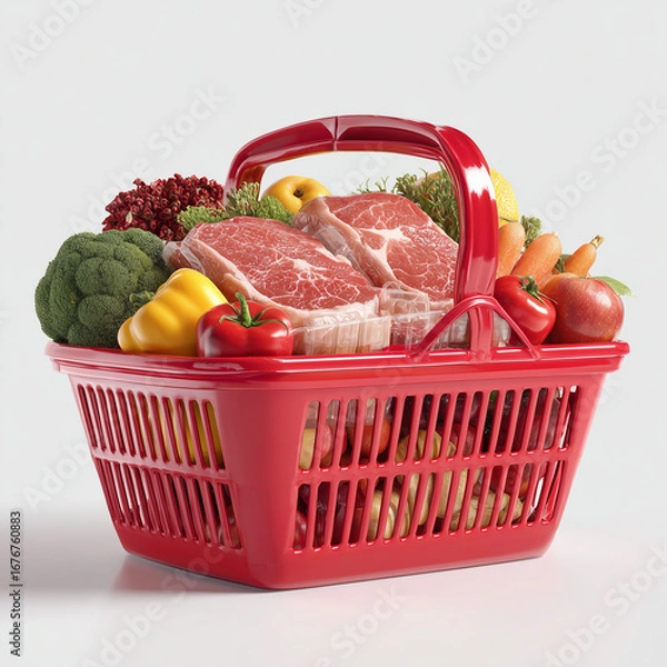 Fototapeta red supermarket shopping basket filled with assorted fresh fruits, colorful vegetables, and packaged trays of raw meat and chicken, placed on a clean white background,