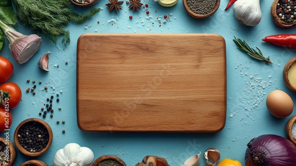 Fototapeta Overhead view of an empty chopping board in the middle of a modern kitchen and many ingredients around it on a blue table
