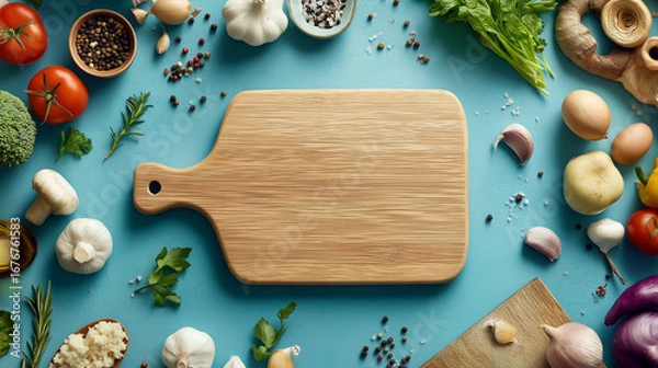 Fototapeta Overhead view of an empty chopping board in the middle of a modern kitchen and many ingredients around it on a blue table