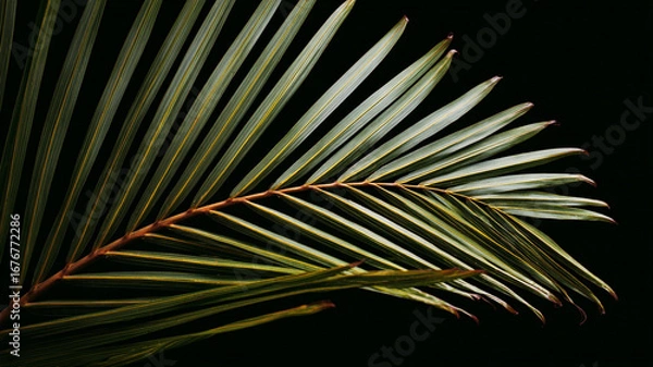 Fototapeta A branch of a green palm branch on a black background.
