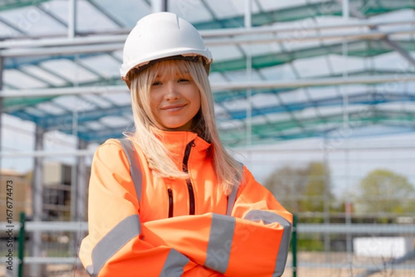 Fototapeta Portrait of a proud young building development manager in front of steel frame structure erected on construction site