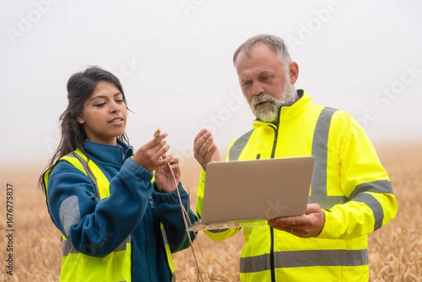 Fototapeta Farmer and agronomist in the foggy farmfield discussing crop growth data