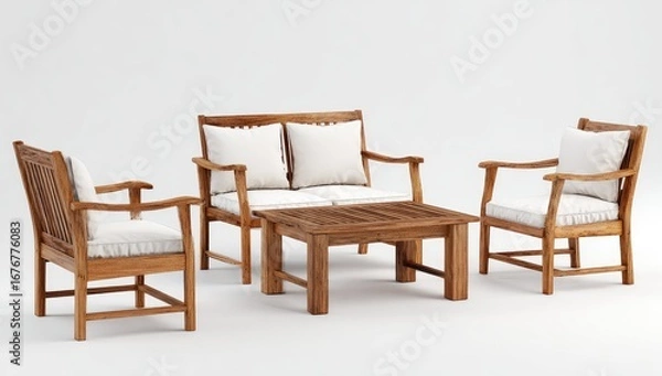 Fototapeta Wooden outdoor seating set with a coffee table.  Beige cushions on light brown teak furniture.  Front view on a white background