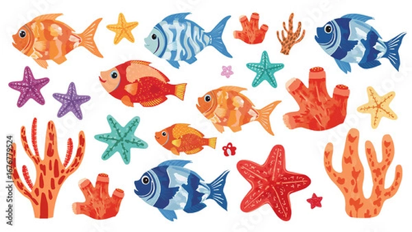 Fototapeta Whimsical sea life pattern featuring colorful fish, starfish and coral for children's designs or underwater themed backgrounds and creative projects