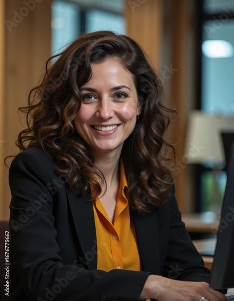 Obraz Portrait business and woman in meeting smile and happiness with teamwork startup and journalist person copywriting and magazine editor with deadline for article schedule or positive mindset Pro