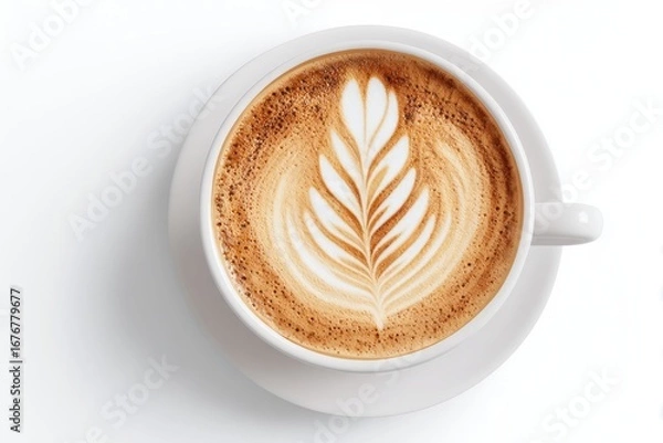 Fototapeta Overhead view of a latte art coffee drink in a white ceramic mug.  A delicate leaf pattern is created on the surface of the frothed milk