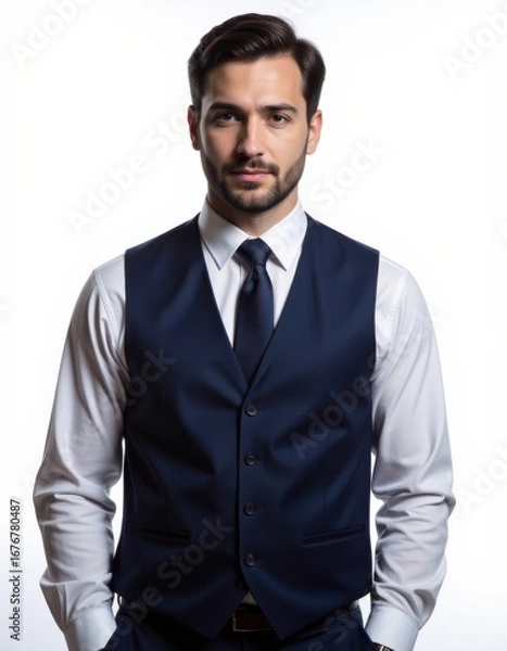 Obraz Confident young businessman with beard in navy blue suit and white shirt isolated on transparent background Professional Worker Portrait Ultra realistic Photorealistic  capture subject in a way tha