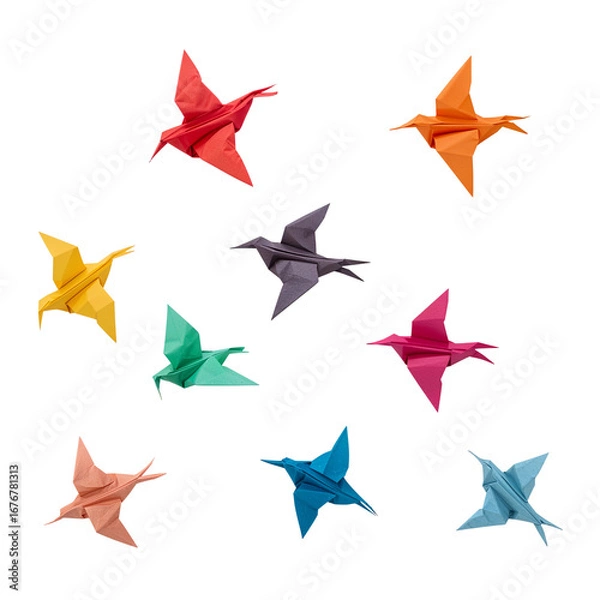 Fototapeta Vibrant origami birds soaring, symbolizing freedom, creativity and peace perfect for artistic projects or promoting imagination in children's content