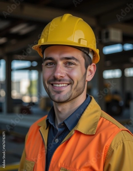 Obraz Confidently smiling construction worker close-up photo: urban industrial background ai generated Professional Worker Portrait Ultra realistic Photorealistic  capture subject in a way that resemble