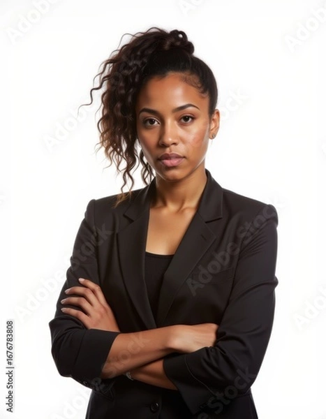 Obraz Serious confident female business leader looking at camera young african american business woman with arms crossed standing isolated over white background young professional concept Professional Wo