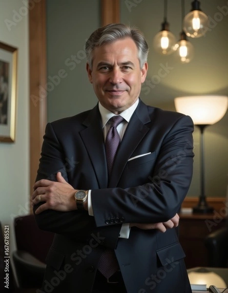 Obraz Smiling middle aged ceo business man looking at camera portrait confident happy mature older professional businessman executive manager successful lawyer in suit standing arms crossed in office Pr