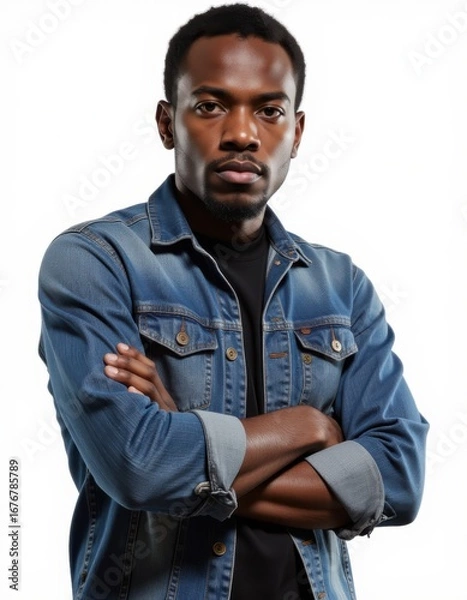 Obraz Black man portrait and serious face with arms crossed in confidence isolated on a transparent png background confident african male person with denim shirt and casual fashion in creative startup Pr