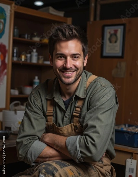 Obraz Smiling professional painter portrait Professional Worker Portrait Ultra realistic Photorealistic  capture subject in a way that resembles a still frame from a movie cinematic lighting story nar