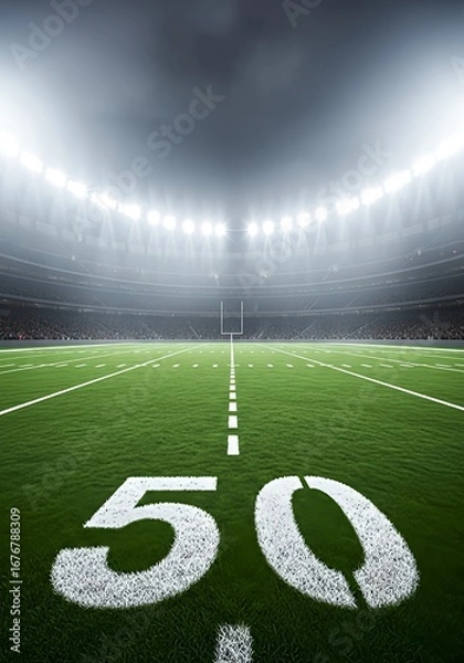 Fototapeta Vibrant green football field illuminated by powerful stadium lights under a dramatic sky, ready for a thrilling game at night
