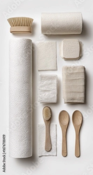 Obraz Natural cleaning and personal care items arranged on a white background.  Variety of textures and materials