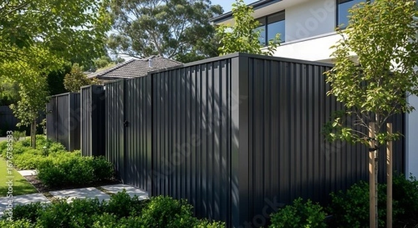 Fototapeta Modern black corrugated metal fence in a residential garden setting with green trees and shrubs.