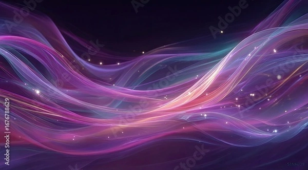 Fototapeta Abstract swirling ribbons of light in shades of purple, pink, and teal, with shimmering particles