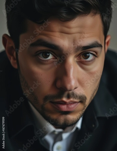 Obraz Vision eye and portrait of man thinking and ideas for startup business with focus and commitment motivation face closeup and eyes of young businessman with calm mindset and person with an idea Pr