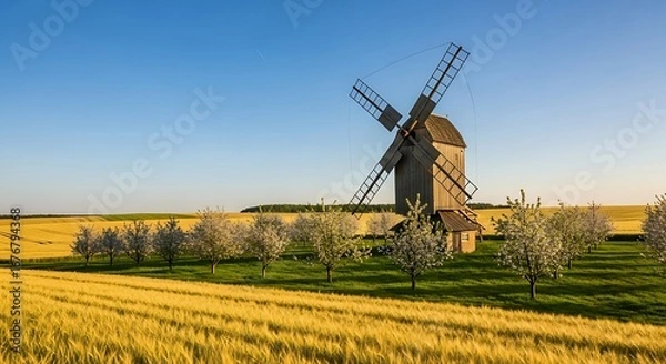 Fototapeta Scenic view of a windmill in a golden wheat field.