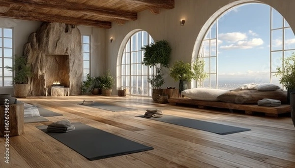 Fototapeta and keyword list based on the image you provided

 Yoga Room Setup Exercise Mats & Pillows in Airy Room with Arched Windows