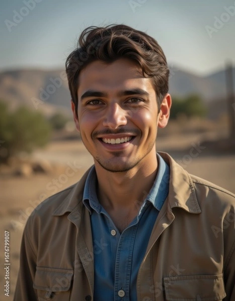 Obraz Close portrait of a smiling young jordanian male farmer standing and looking at the camera outdoors jordanian rural blurred background Professional Worker Portrait Ultra realistic Photorealistic  