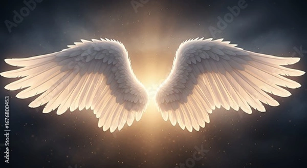 Obraz Ethereal White Angel Wings Radiating Light in Dark Sky