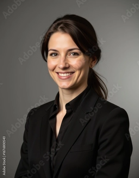 Obraz Confident and successful: happy businesswoman in studio portrait Professional Worker Portrait Ultra realistic Photorealistic  capture subject in a way that resembles a still frame from a movie cin