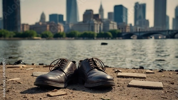 Fototapeta Ground-level memorial of empty footwear in remembrance of terror victims