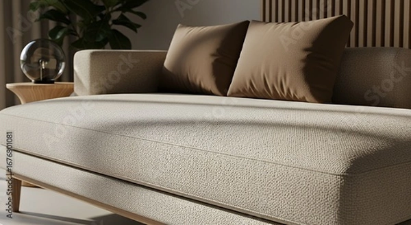 Obraz Modern Beige Fabric Sofa with Cushions in Stylish Living Room