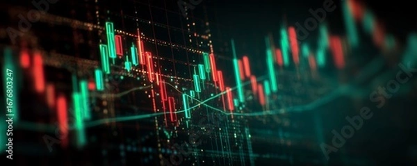 Fototapeta Close up of financial chart with red and green candles on dark grid background. Concept for stock market analysis, investment strategy and economic forecasting