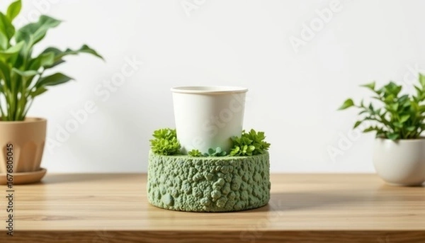Fototapeta high quality product render of biodegradable cup holder dispenser, constructed with mycelium foam, decorated with stone like porous look, including heat and water resistant coating